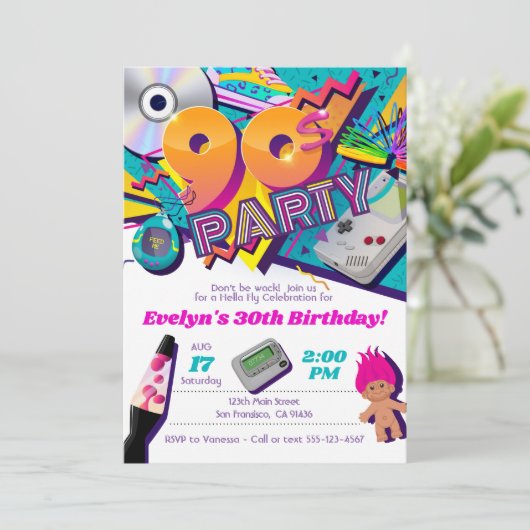 90er Party Einladung, 90er Einladung Thema (Stehend Vorderseite)