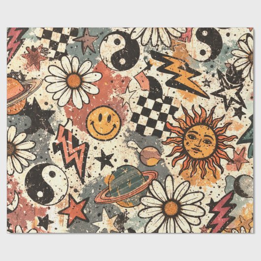 90s Happy Faces Sun Flowers Pattern Geschenkpapier (Flach)
