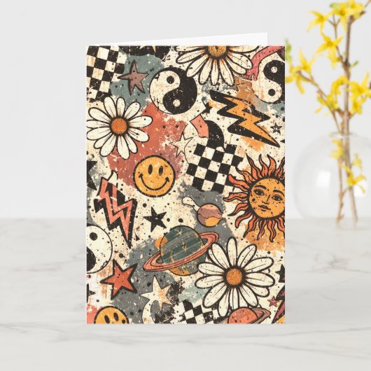 90s Happy Faces Sun Flowers Pattern Karte (Gelbe Blume)