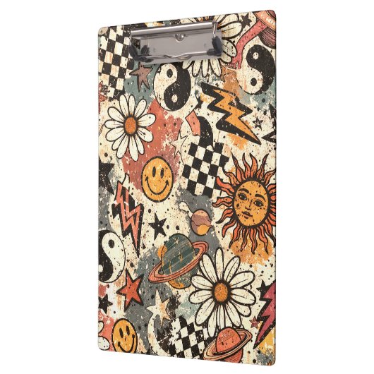 90s Happy Faces Sun Flowers Pattern Klemmbrett (Links)
