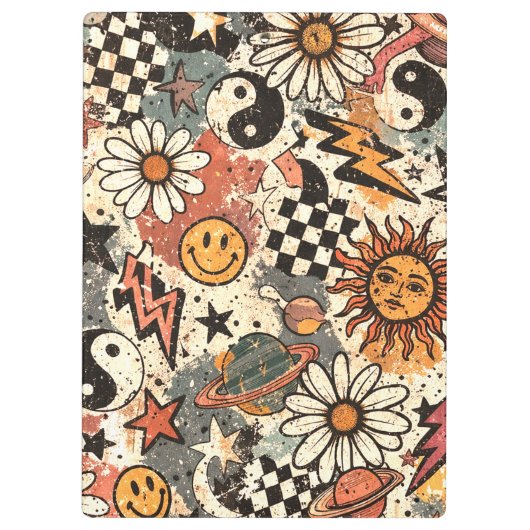 90s Happy Faces Sun Flowers Pattern Klemmbrett (Rückseite)