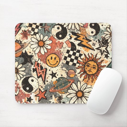 90s Happy Faces Sun Flowers Pattern Mousepad (Mit Mouse)