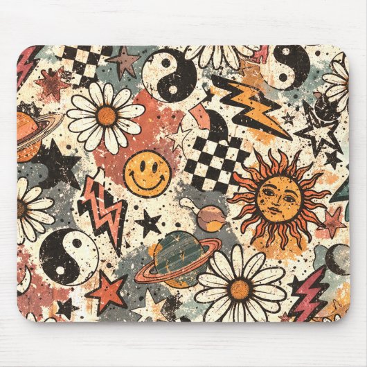90s Happy Faces Sun Flowers Pattern Mousepad (Vorne)