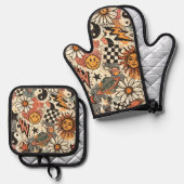  90s Happy Faces Sun Flowers Pattern Ofenhandschuh & Topflappen-Set (Vorderseite/Rückseite)
