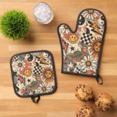  90s Happy Faces Sun Flowers Pattern Ofenhandschuh & Topflappen-Set (Oben Unten)