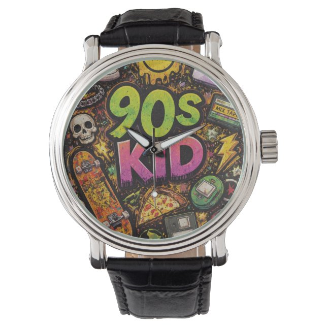 90s Kids Grunge Seamless Pattern: Pizza, Skeletons Armbanduhr (Vorderseite)