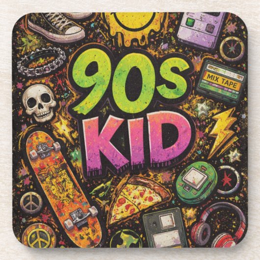 90s Kids Grunge Seamless Pattern: Pizza, Skeletons Getränkeuntersetzer (Vorderseite)