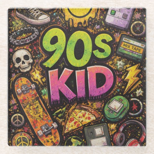 90s Kids Grunge Seamless Pattern: Pizza, Skeletons Glasuntersetzer (Vorderseite)