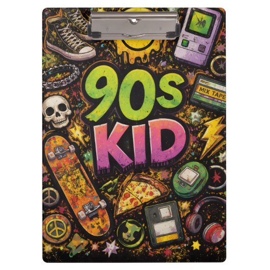 90s Kids Retro Pizza Smiley Face Flower Design Klemmbrett (Vorderseite)