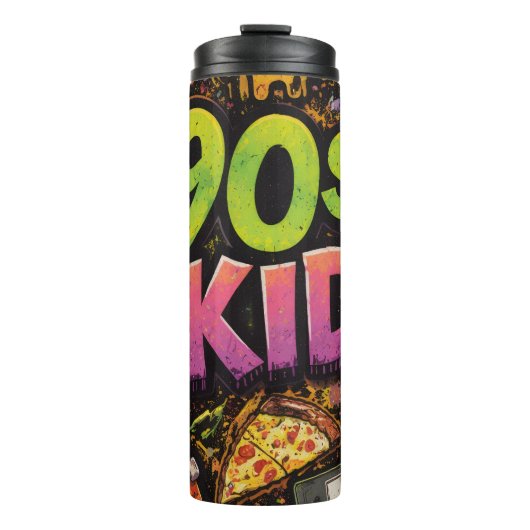 90s Kids Retro Pizza Smiley Face Flower Design Thermosbecher (Vorderseite)