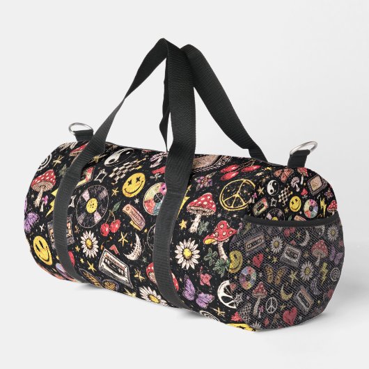 90s Smiley Faces Mushrooms Retro Pattern Duffle Bag (Rechte Ecke)