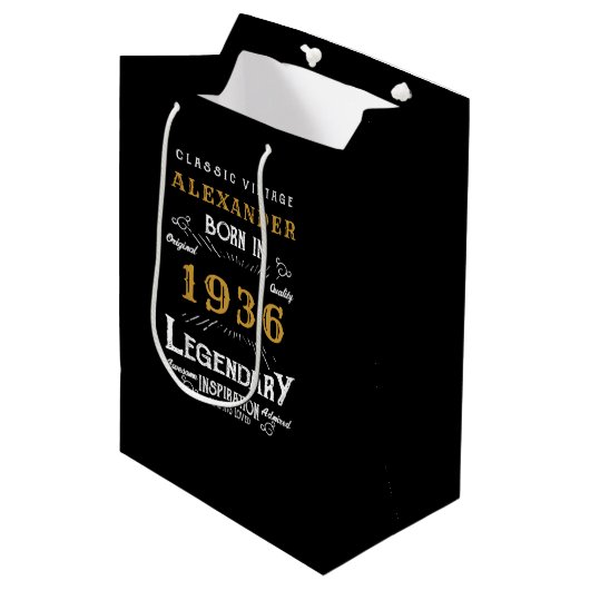 90th Birthday 1936 Add Name Legend Black Gold Mittlere Geschenktüte (Vorderseite Schrägansicht)
