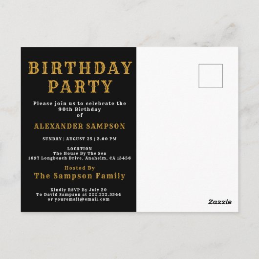 90th Birthday 1936 Black Gold Legend Invitation Postkarte (Rückseite)