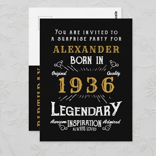 90th Birthday 1936 Black Gold Legend Invitation Postkarte
