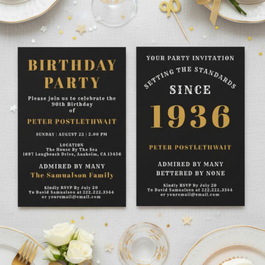90th Birthday 1936 Black Gold Personalized For Him Einladung