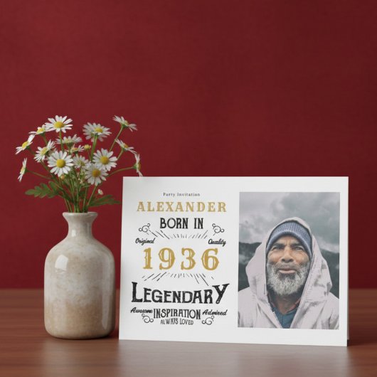 90th Birthday 1936 Legend White & Gold Photo Einladung