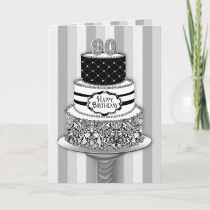 90th Birthday, 3 Tier Black/White Pattern Cake Karte