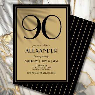 90th Birthday Adult Black and Gold Modern Minimal  Einladung