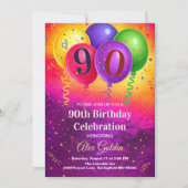 90th Birthday Balloon Confetti Party Einladung (Vorderseite)
