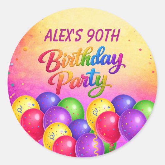 90th Birthday Balloon Confetti Party Runder Aufkleber (Vorderseite)
