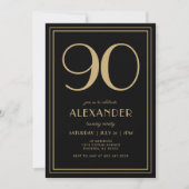 90th Birthday Black and Gold Modern Minimal Adult Einladung (Vorderseite)