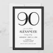 90th Birthday Black and White Modern Minimalist  Einladung (Vorderseite)