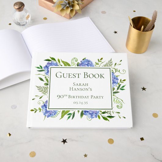 90th Birthday Blue Hydrangeas Gästebuch (Vorderseite Offen)