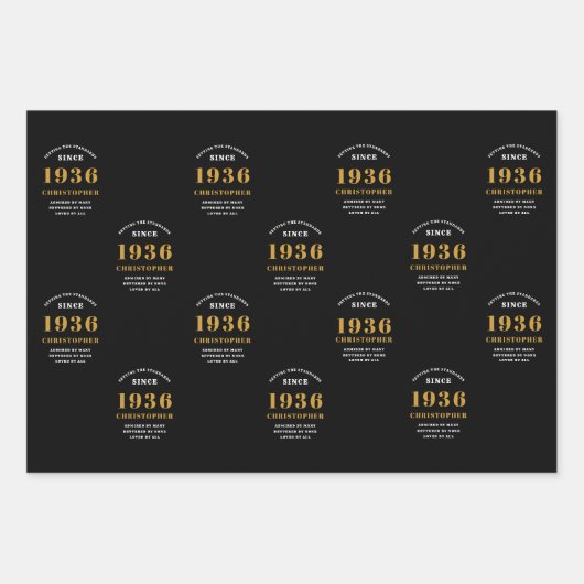 90th Birthday born 1936 Add Name Black Gold Geschenkpapier Set (Vorderseite 3)