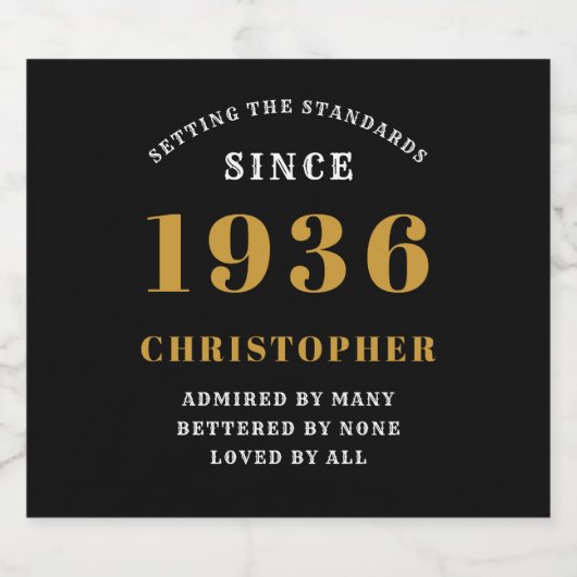 90th Birthday Born 1936 Add Name Black Gold Schaumweinetikett (Einzelnes Label)