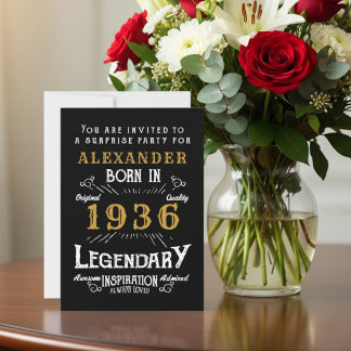 90th Birthday Born 1936 Black Gold Retro Vintage Einladung