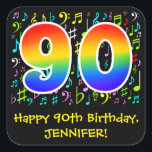90th Birthday: Colorful Music Symbolik, Rainbow 90 Quadratischer Aufkleber<br><div class="desc">Dieses lustige, lebendige und farbenfrohe Geburtstags-Thema Aufkleber Design verfügt über eine große Zahl "90" mit einem inspirierten Regenbogenspektrum-Gefälle, zusammen mit der Meldung "Happy 90 th Birthday", und einem individuelle Name. Ein Teil des Hintergrundes weist verschiedene Musiknoten und Symbole mit verschiedenen Farben und Größen auf. Spaß, individuell gestaltbare Geburtstagsaufkleber wie diese...</div>