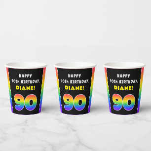 90th Birthday: Colorful Rainbow # 90, Custom Name Pappbecher