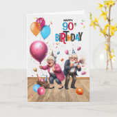 90th Birthday Funny Old Man and Woman Balloons Karte (Gelbe Blume)