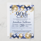 90th Birthday Navy Gold Balloons Party Einladung (Vorderseite)