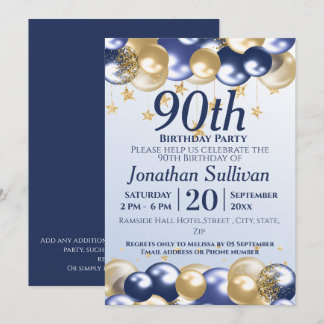 90th Birthday Navy Gold Balloons Party Einladung