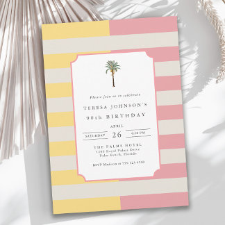 90th Birthday Palm Beach Pastel Stripe Tropical Einladung