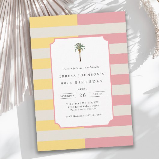 90th Birthday Palm Beach Pastel Stripe Tropical Einladung