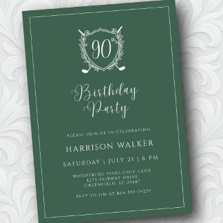 90th Birthday Party Golf Crest Elegant Script Sage Einladung