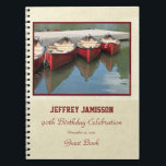 90th Birthday Party Guest Book, Red Canoes Notizblock<br><div class="desc">Although default says "90th Birthday", this spiral notebook Guest Book can easily be change for ANY AGE, ANY CHANCE! This Guest Book is decorated with my original fotograph of three canoes and their reflection in a lake. Easy to customize, just change or delete example text. Fotograph-Original von Marcia Socolik. All...</div>