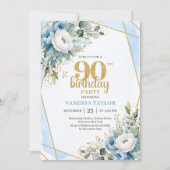 90th Birthday Party Invite Watercolor Blue Flowers Einladung (Vorderseite)