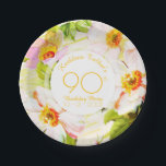 90th Birthday Party Paper Plate Pappteller<br><div class="desc">Klassisches Blumenmuster alter Rose und Pfingsten im bistrischen Hintergrund. Sehr Vintage Grafik mit Texten in weißer Rundform auf der individuell anpassbaren 90. Geburtstagsfeierplatte. Sie können den Text (Schriftart, Größe, Farbe und Position), das Design und die Form (Größe und Position) einfach ändern, indem Sie auf die klicken. Passende Produkte zum Geburtstag:...</div>