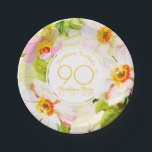 90th Birthday Party Paper Plate Pappteller<br><div class="desc">Classic floral pattern of old wild roses and peonies on bistre background. Very ordy vintage graphics with texts into a white round shape on customizable 90th birthday party paper plate. You can easily change text (font, size, color and position), design and shape (size and position) by clicking the "edit using...</div>