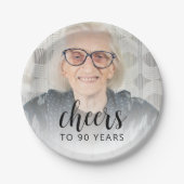 90th Birthday Party Photo Black Script Cheers Pappteller (Vorderseite)
