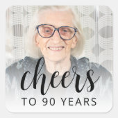 90th Birthday Party Photo Black Script Cheers Quadratischer Aufkleber (Vorderseite)