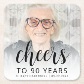 90th Birthday Party Photo Black Script Cheers Rechteckiger Pappuntersetzer (Vorderseite)