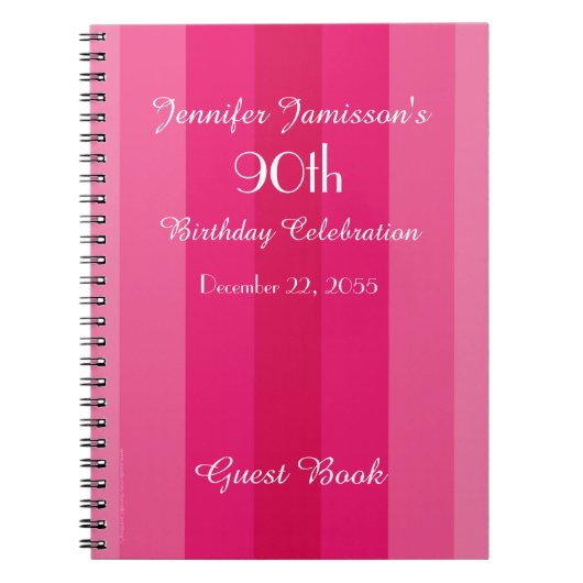 90th Birthday Party Pink Stripe Guest Book Spiral Notizblock (Vorderseite)