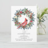 90th Birthday Party Red Cardinal Winter Wreath Einladung (Stehend Vorderseite)