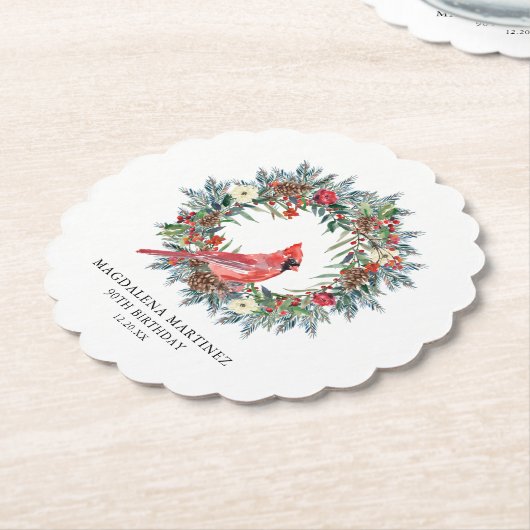 90th Birthday Party Red Cardinal Wreath Custom Untersetzer (angewinkelt)