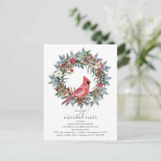 90th Birthday Party Red Cardinal Wreath Einladungspostkarte (Stehend Vorderseite)