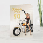 90th Birthday party with a girl and motorbike Einladung<br><div class="desc">A beautiful girl,  wearing a basque and stockings, stands by a powerful motorcycle and points at a birthday party invitation. A great card for the men who like their bikes.</div>